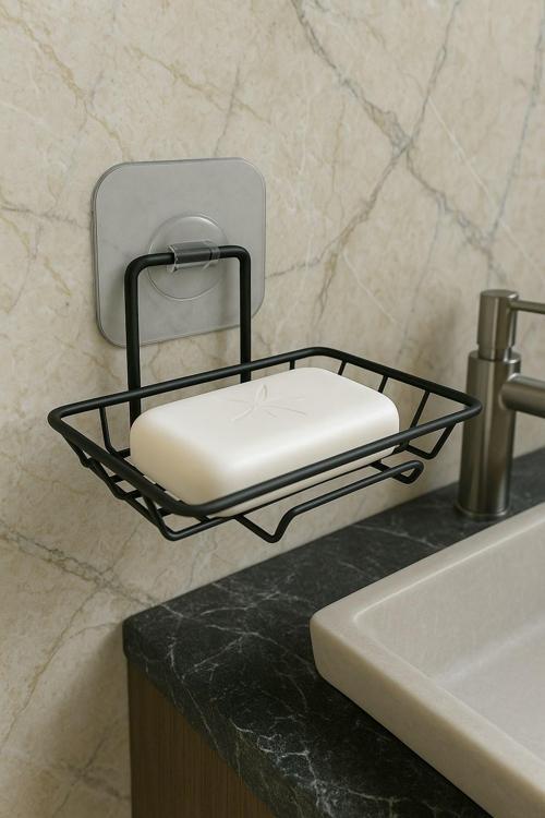 Paslanmaz Çelik Mat Siyah Yapışkanlı Katı Sabunluk - Duvar Tipi, Çok Amaçlı Organizer