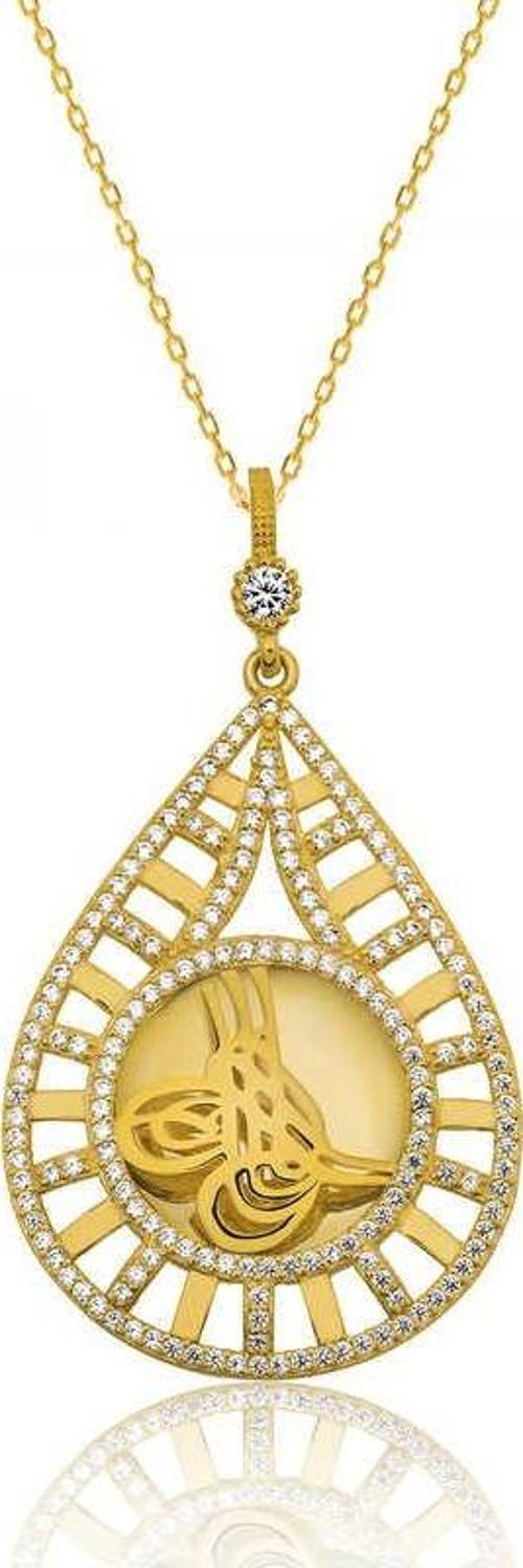 Gümüş Damla Tuğralı Altın Kaplama Bayan Kolye