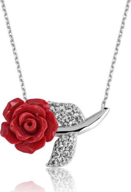 Gümüş Kırmızı Gül Bayan Kolye