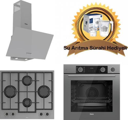 Fryart & SteamArt Gri Cam Ankastre Set D088 - LN388 Döküm ızgaralı Önden Düğmeli Ocak - XE64CPR Buharli fırın