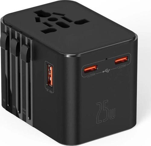 25W Evrensel Seyahat Adaptörü, EU/US/UK/AU Priz Dönüştürücü, 1x USB, 2x Type-C Hızlı Şarj