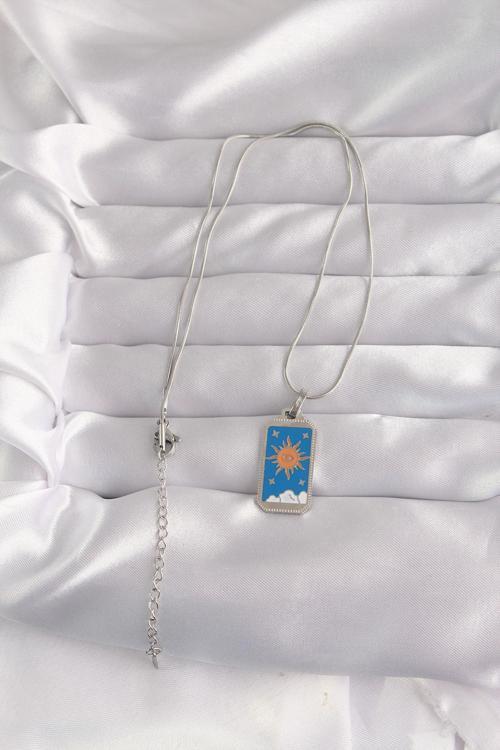 Zarif Kadın için Silver Çelik Mavi Mineli Güneş Tarot Kolye