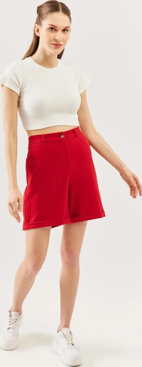 Aqua Kısa Kol Bisiklet Yaka Vücuda Oturan %100 Pamuklu Kaşkorse Esnek Crop Bluz