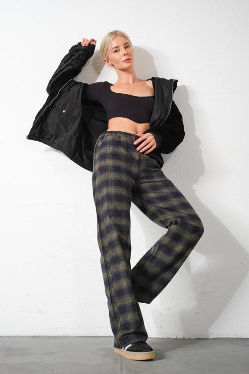 Ekoseli Flanel Yüksek Bel Pijama Altı Rahat Kesim Geniş Paça Pamuklu Kadın Pantolon
