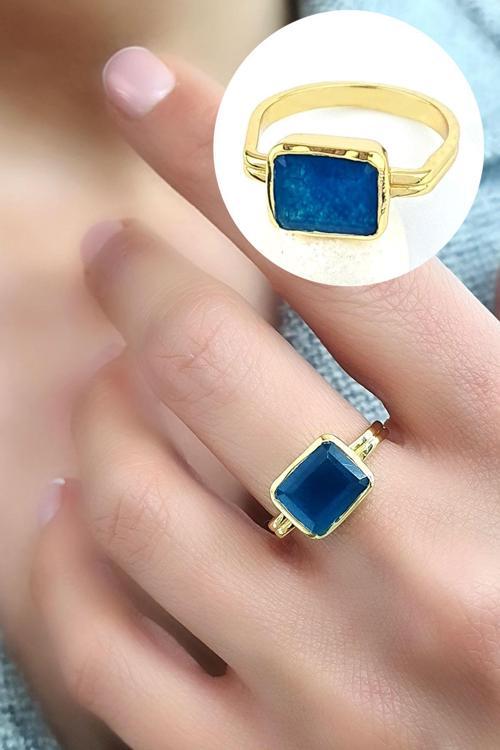 Mavi Kuvars Taşlı 925ayar Gümüş Üzerine Altın Kaplama Tasarım Yüzük 