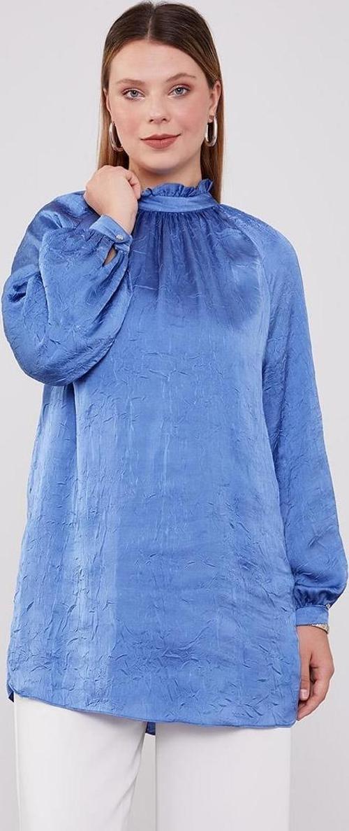 İndigo Yakası Büzgülü Kraş Saten Bluz