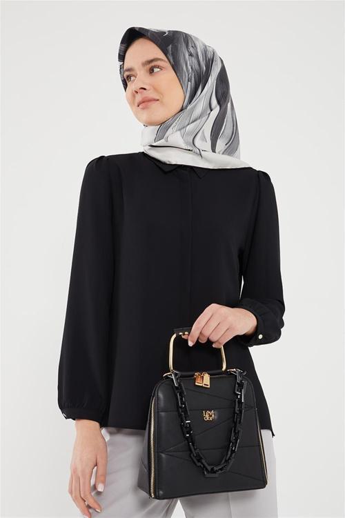 Siyah Gizli pat önü düğmeli kısa bluz