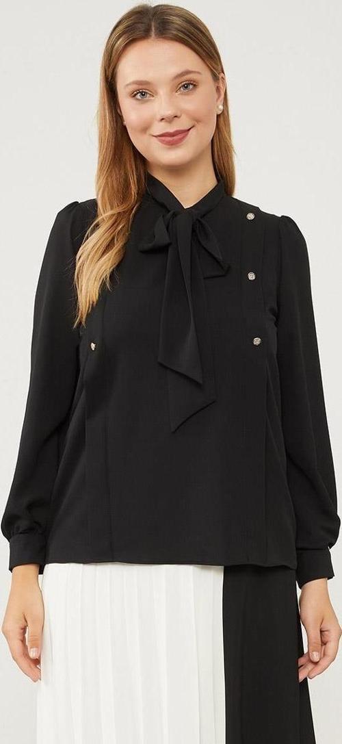 Siyah Kendinden Fular Bağlamalı Şifon Gömlek