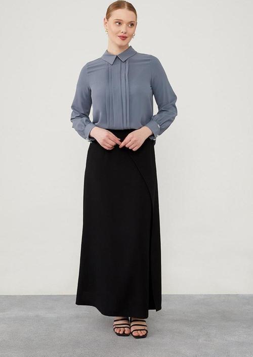 Antrasit Ortadan Plise Detaylı Bluz