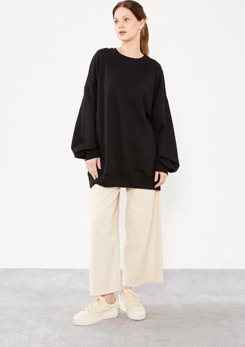 Siyah Bisiklet Yaka Oversize Sweat