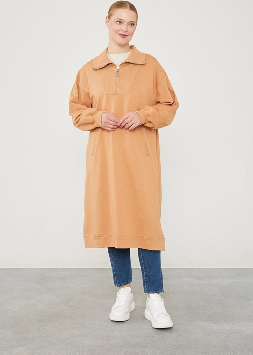 Camel Dik Yaka Fermuarlı Sweat