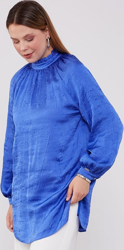 Saks Yakası Büzgülü Kraş Saten Bluz