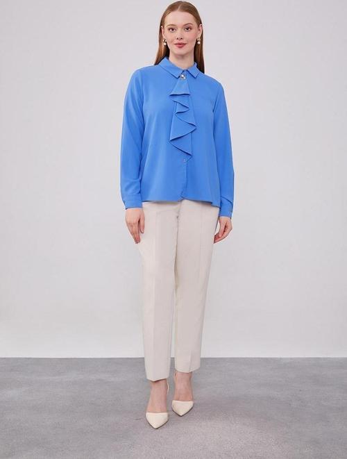 İndigo Yakası Fular Broş Detaylı Bluz