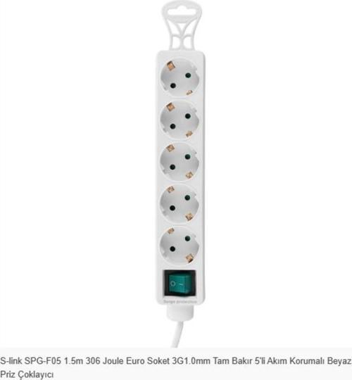 S-LİNK Spg-f05 1.5m 306 Joule Euro Soket 3g1.0mm Tam Bakır 5li Akım Korumalı Beyaz Priz Çoklayıcı