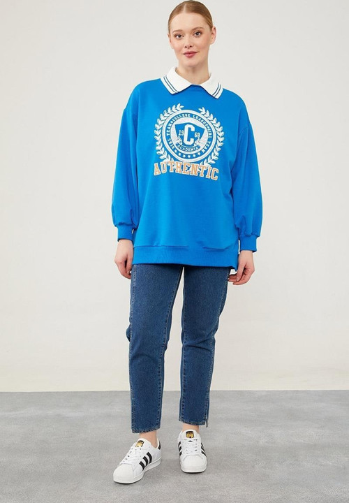 Saks Polo Yaka Arma Baskılı Sweatshirt