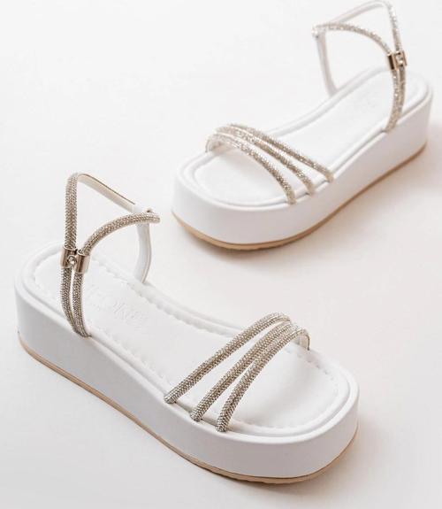 861-1100 Beyaz Günlük Gümüş Taşlı Dolgu Kadın Sandalet