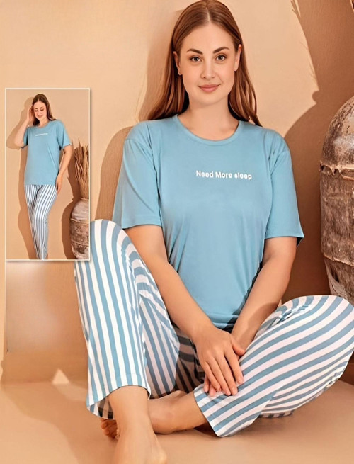 Kadın Milan Büyük Beden Bisiklet Yaka Kısa Kol İnce Pijama Takımı 11060 - 1 Adet 4XL-Mavi