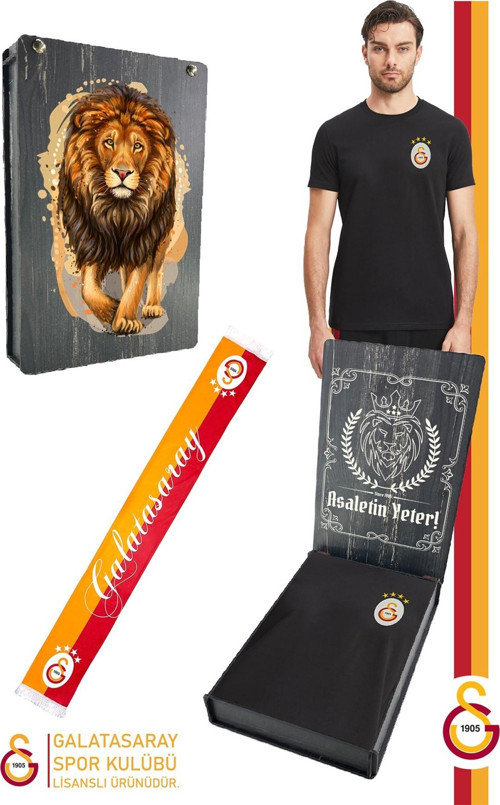 Orijinal Lisanslı Siyah Basic T-Shirt + Şal Kaşkol Set Hediyelik Ahşap Kutul