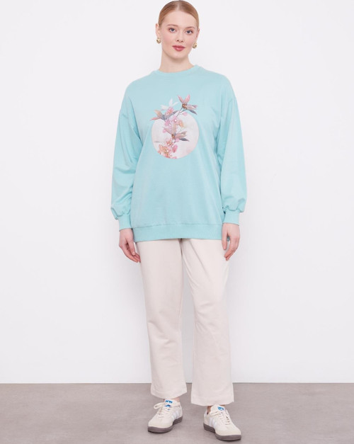 Mint Yeşili Çiçek Baskılı Bisiklet Yaka Sweat