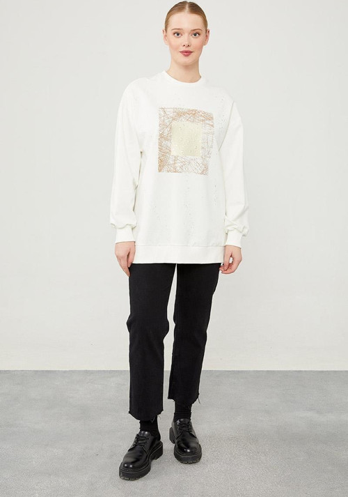 Ekru Varak Baskılı Bisikler Yaka Sweatshirt