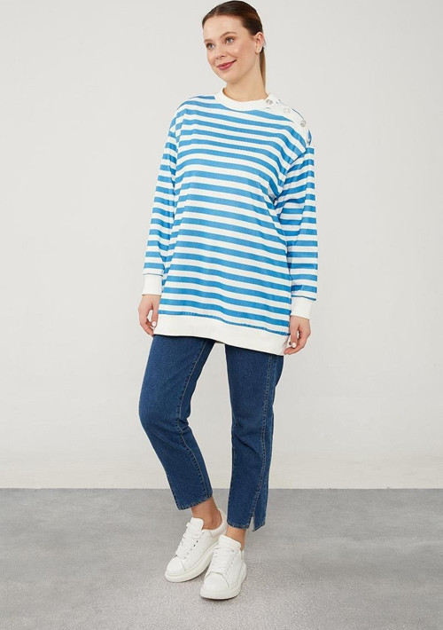 Ekru-Mavi Bisiklet Yaka Çizgili Desen Sweatshirt