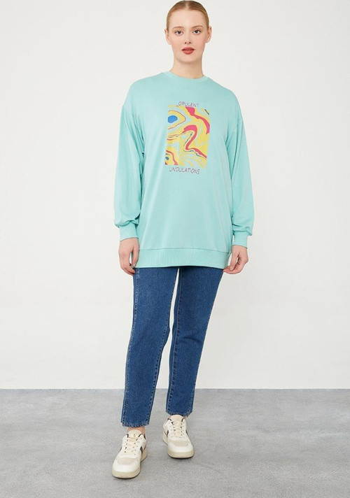 Mint Yeşili Bisiklet Yaka Taş Baskılı Sweat