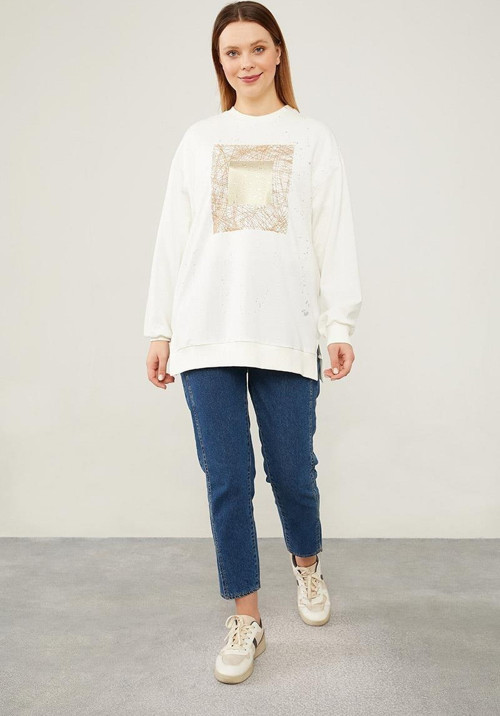Ekru Varak Baskılı Sweatshirt