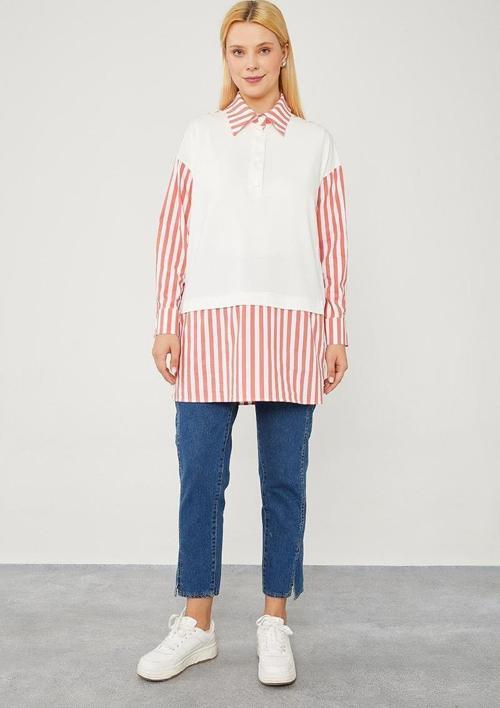 Coral Çizgili Poplin Kumaş Karışımlı Sweat