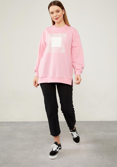 Şeker Pembe Varak Baskılı Sweatshirt