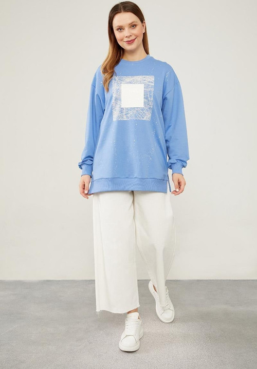 Mavi Varak Baskılı Sweatshirt