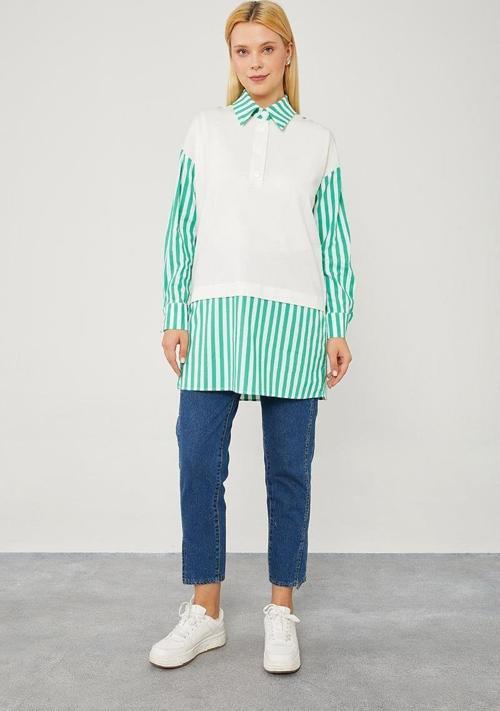 Benetton Çizgili Poplin Kumaş Karışımlı Sweat