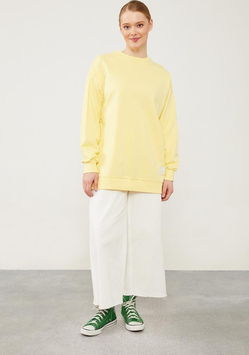 Sarı Bisiklet Yaka Ribanalı Basic Sweat