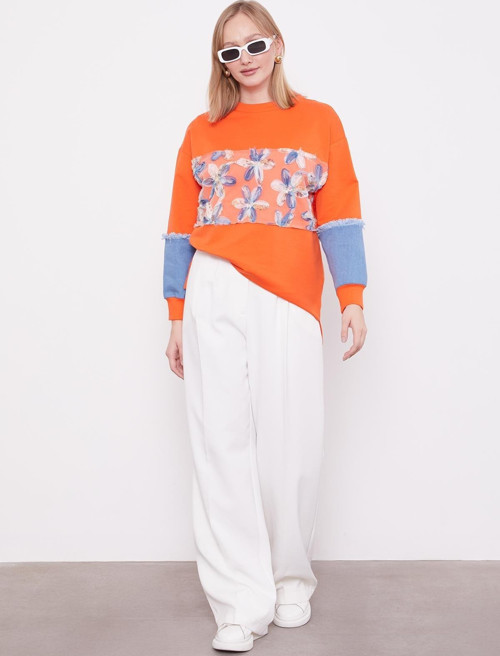 Oranj Kot Detaylı Çiçekli Sweat
