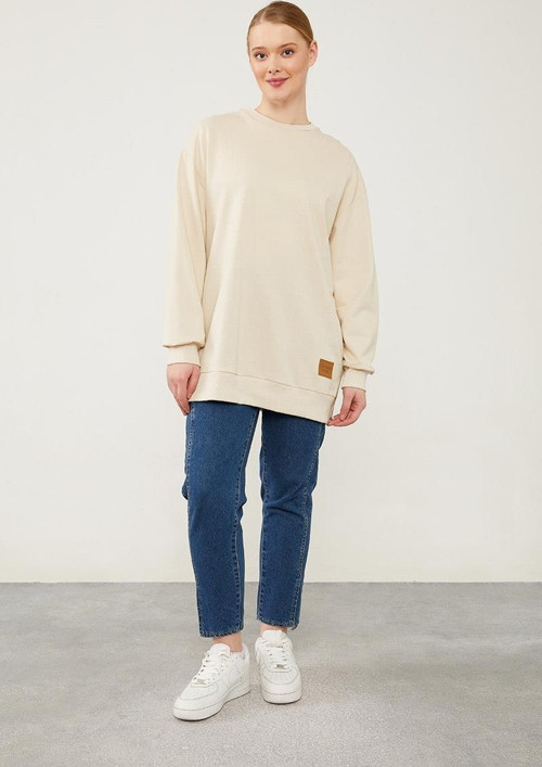 Bej Bisiklet Yaka Ribanalı Basic Sweat