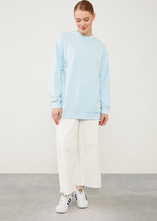 Buz Mavisi Bisiklet Yaka Ribanalı Basic Sweat