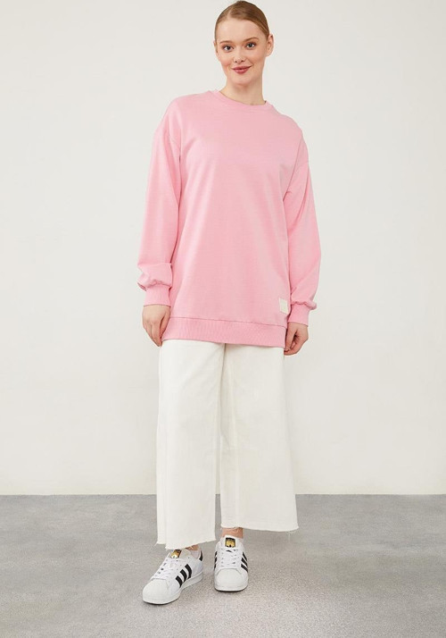 Pembe Bisiklet Yaka Ribanalı Basic Sweat