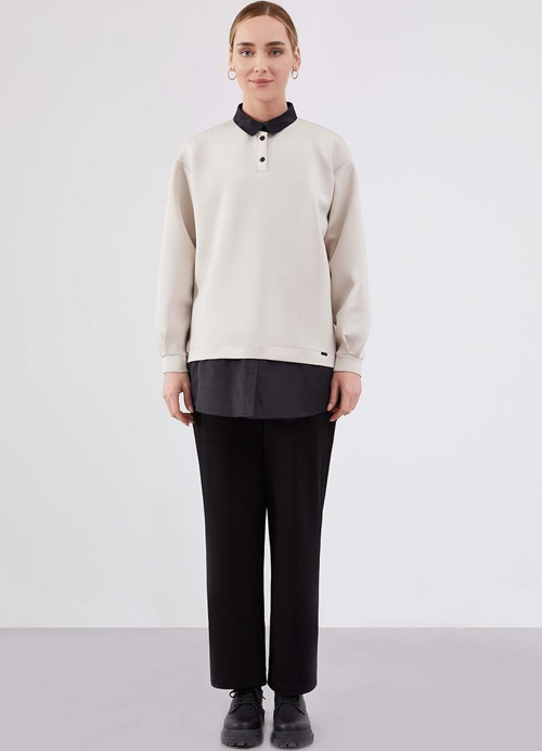 Bej Gömlek Yaka Sweatshirt