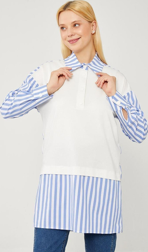 İndigo Çizgili Poplin Kumaş Karışımlı Sweat