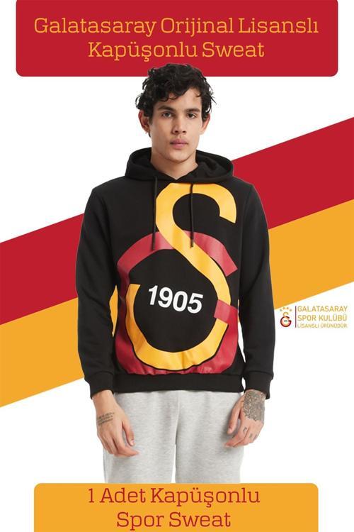 Orijinal Lisanslı Büyük Logo Kapüşonlu Siyah Erkek Sweat