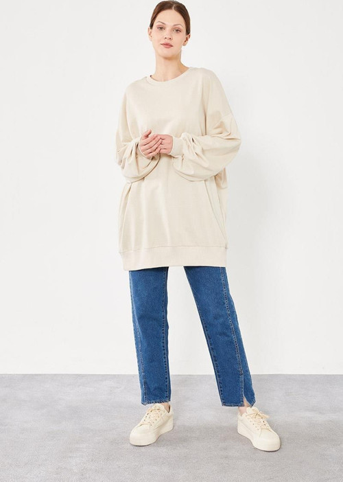 Bej Bisiklet Yaka Oversize Sweat