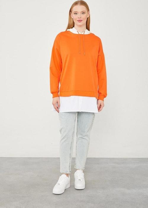 Oranj Kapuşonlu Gömlek Detaylı Sweat