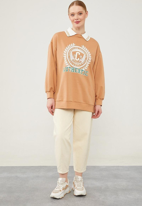 Camel Polo Yaka Arma Baskılı Sweatshirt