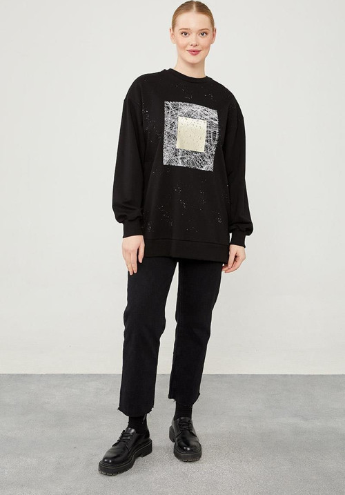 Siyah Varak Baskılı Bisikler Yaka Sweatshirt