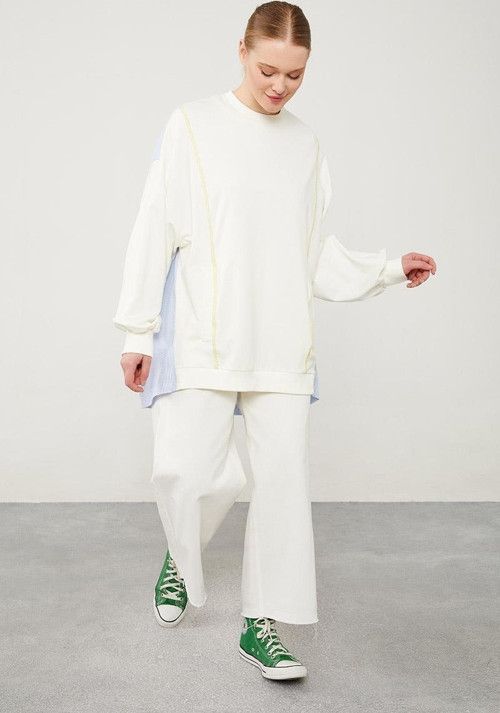 Mavi Çizgili Poplin Kumaştan Sweatshirt