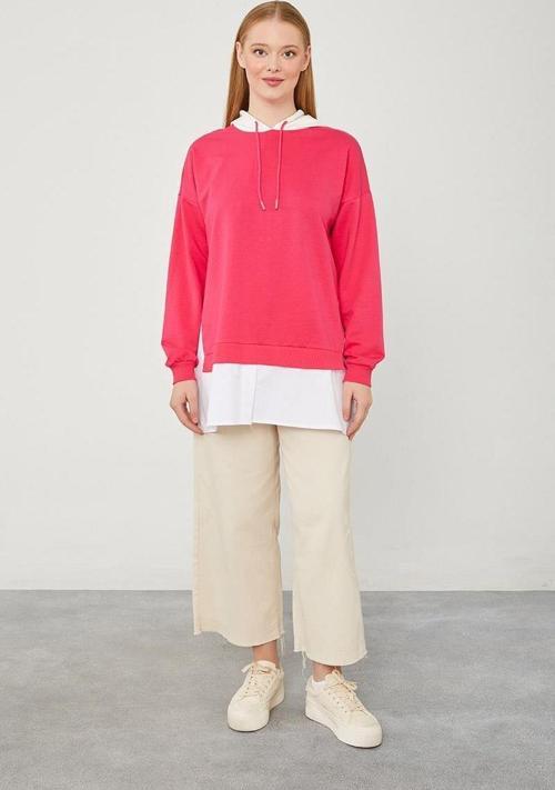 Fuşya Kapuşonlu Gömlek Detaylı Sweat