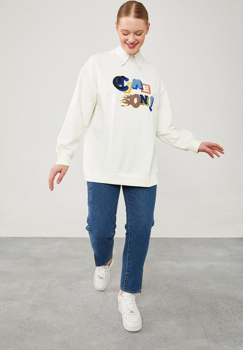 Ekru Tazı Baskılı Sweat
