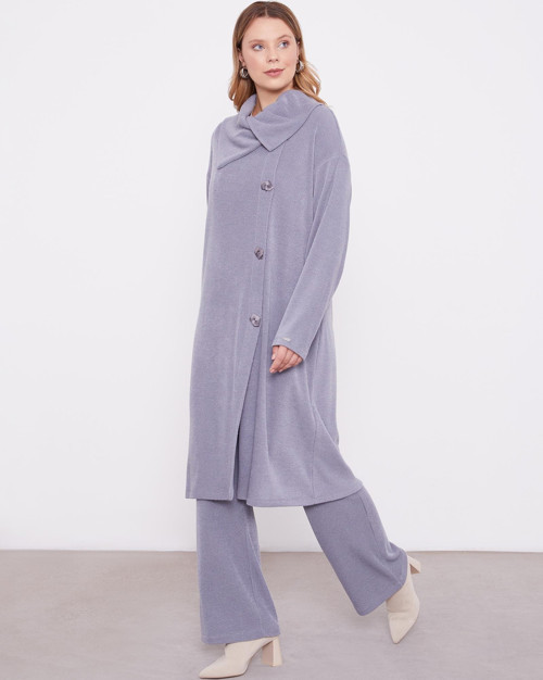 Gri Düğme Detaylı Pantolonlu Tunik Takım