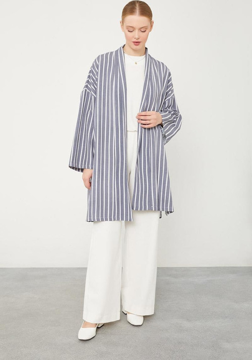 İndigo Çizgili Desen Kimono Takım