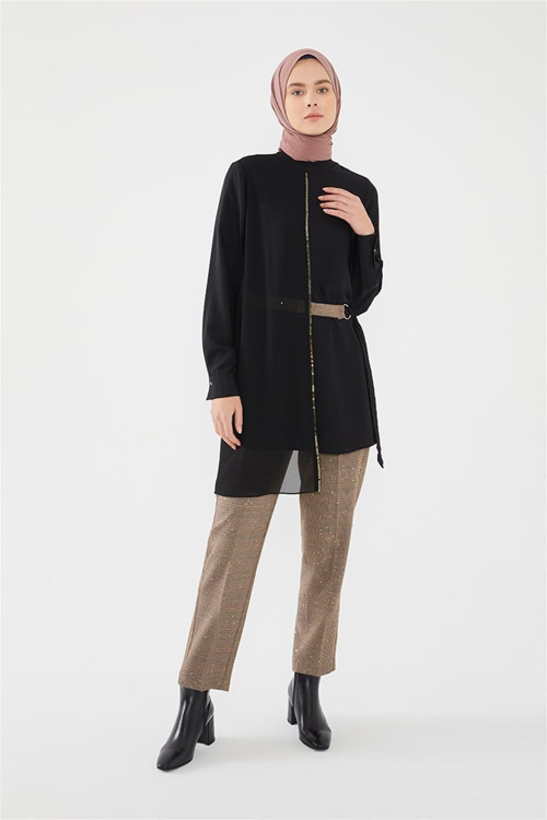 Camel Pul Nakışlı Ekose Pantolonlu Tunik Takım