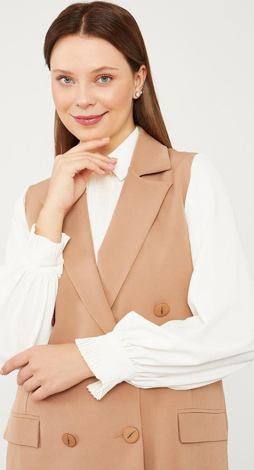 Camel Kruvaze Kesim Yelek Pantolon Takım